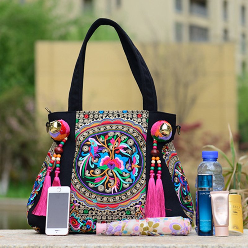 Canvas Shoulder Bag with Ethnic Embroidery Decorations