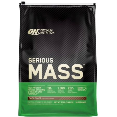 Optimum Nutrition Serious Mass Chocolate 12 lbs weight gainer supplement with 1250 calories, 50g protein and 252g carbohydrates for muscle and weight gain