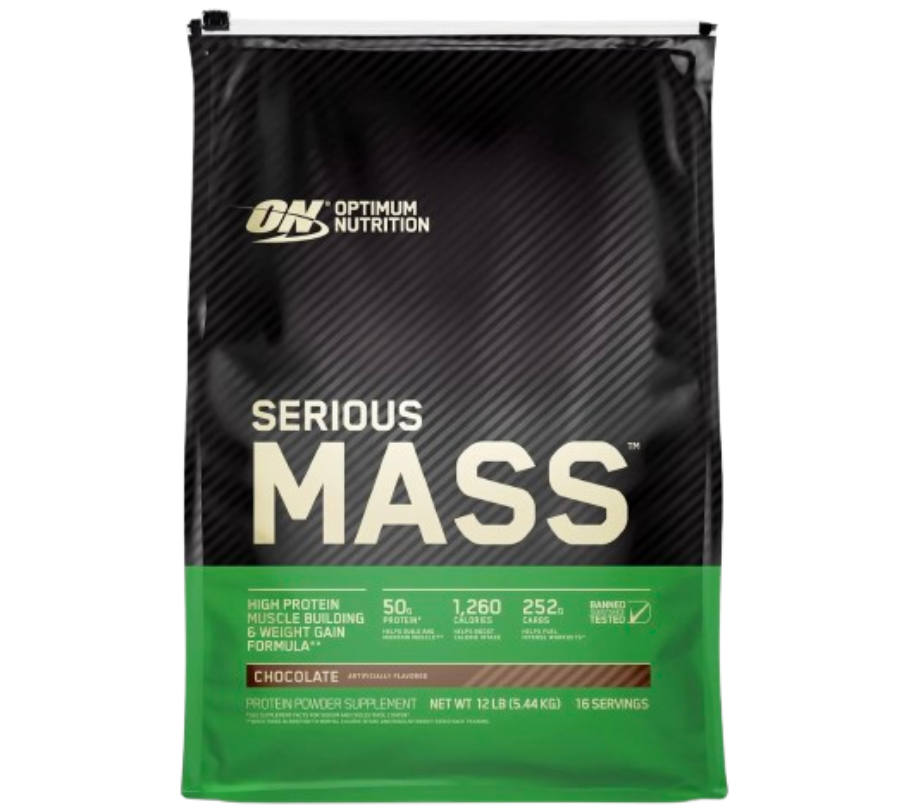 Optimum Nutrition Serious Mass Chocolate 12 lbs weight gainer supplement with 1250 calories, 50g protein and 252g carbohydrates for muscle and weight gain